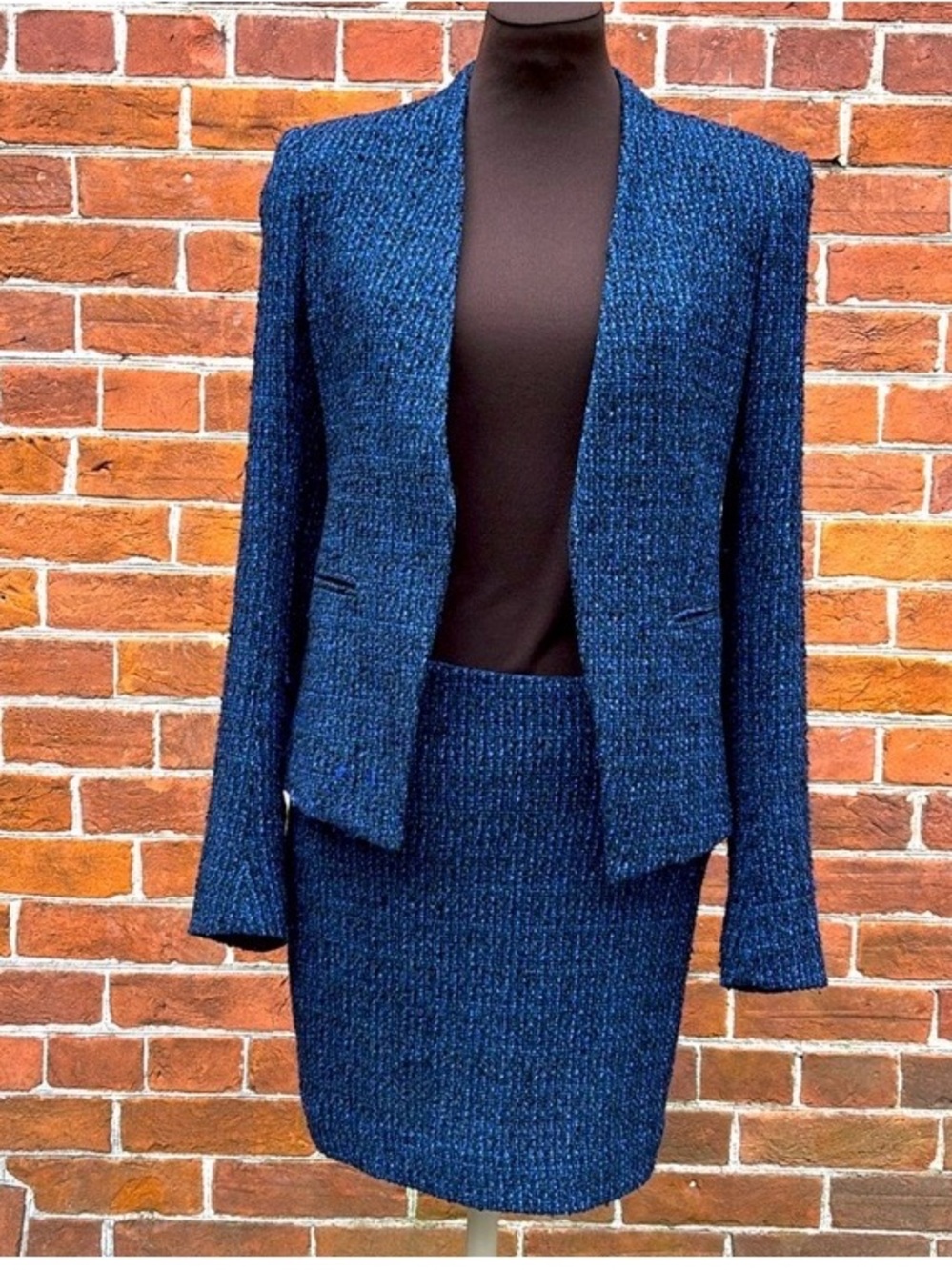 Theory Blue Tweed Blazer & Skirt Set